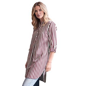 Ellos Plus Size Three-Quarter Sleeve Roll Tab Relaxed Fit 100% Cotton Henley Tunic