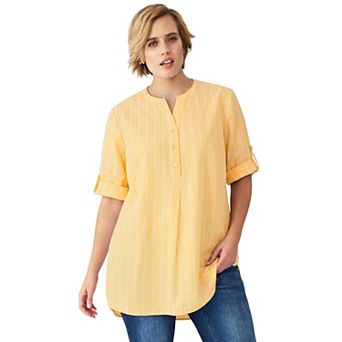 ellos Plus Size Three-Quarter Sleeve Roll Tab Relaxed Fit 100% Cotton Henley Tunic