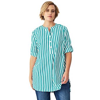ellos Plus Size Three-Quarter Sleeve Roll Tab Relaxed Fit 100% Cotton Henley Tunic