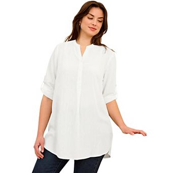 ellos Plus Size Three-Quarter Sleeve Roll Tab Relaxed Fit 100% Cotton Henley Tunic