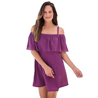 Swim 365 Women's Plus Size Laser-Cut Off-The-Shoulder Swim Dress