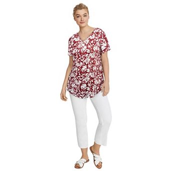 Ellos Plus Size Stretch Knit V-Neck Short Sleeve Inverted Pleat Tunic