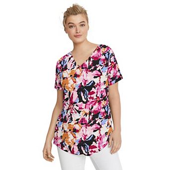 Ellos Plus Size Stretch Knit V-Neck Short Sleeve Inverted Pleat Tunic