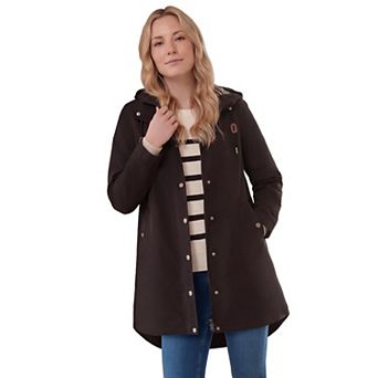 Ellos Plus Size Water-Resistant A-Line Snap-Front Hooded Raincoat