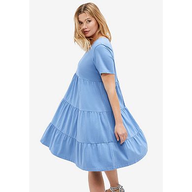 Ellos Plus Size Cotton Spandex V-Neck Short Sleeve Tiered A-Line Dress