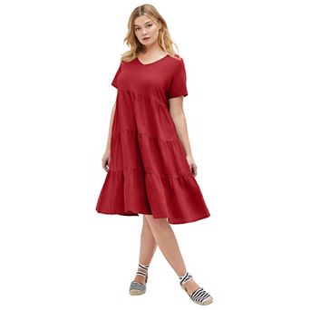 Ellos Plus Size Cotton Spandex V-Neck Short Sleeve Tiered A-Line Dress