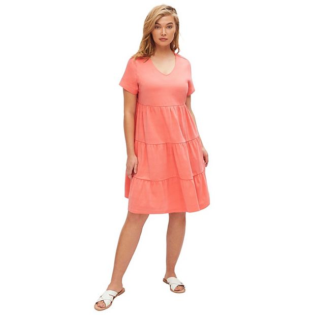Plus Size Women's Tiered Tee Dress by Ellos in Sweet Coral (Size 14/16)
