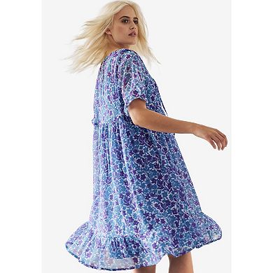 ellos Plus Size Sheer Ruffle Trim Dress With Keyhole Neckline