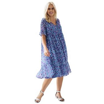 ellos Plus Size Sheer Ruffle Trim Dress With Keyhole Neckline