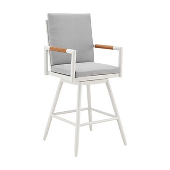 Razi 30 Inch Outdoor Swivel Barstool Chair, White Aluminum, Gray Cushions