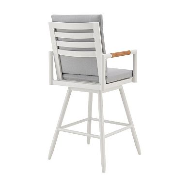 Razi 30 Inch Outdoor Swivel Barstool Chair, White Aluminum, Gray Cushions