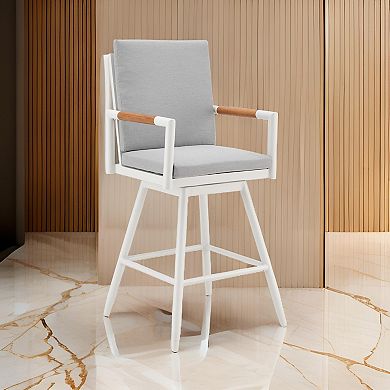 Razi 30 Inch Outdoor Swivel Barstool Chair, White Aluminum, Gray Cushions