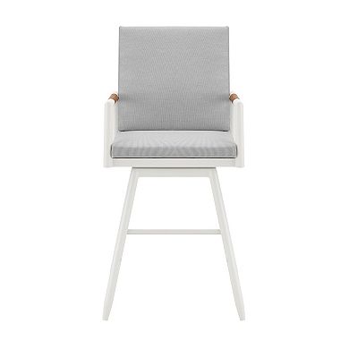 Razi 30 Inch Outdoor Swivel Barstool Chair, White Aluminum, Gray Cushions