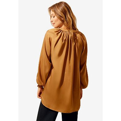 ellos Plus Size Satin V-Neck Tunic With Blouson Sleeves
