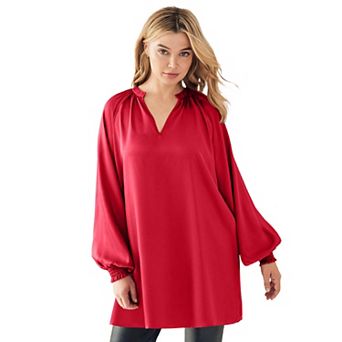 ellos Plus Size Satin V-Neck Tunic With Blouson Sleeves