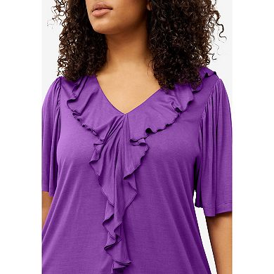 ellos Plus Size Stretch Knit V-Neck Ruffle Front Tunic