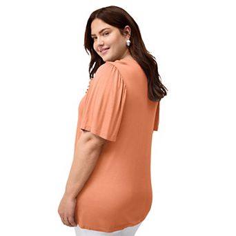 ellos Plus Size Ruffle Neckline Flutter Sleeve Tunic