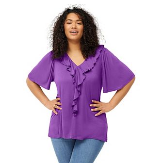 ellos Plus Size Ruffle Neckline Flutter Sleeve Tunic