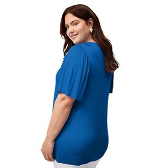 ellos Plus Size Stretch Knit V-Neck Ruffle Front Tunic
