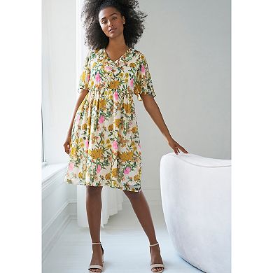 ellos Plus Size Ruffled V-Neck Empire Dress