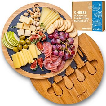 Round Wooden Cheese Board with Knife Set and Removable Slate - 12 inch Swiveling Charcuterie Board