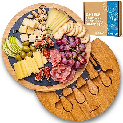 Round Wooden Cheese Board with Knife Set and Removable Slate