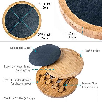 Round Wooden Cheese Board with Knife Set and Removable Slate - 12 inch Swiveling Charcuterie Board