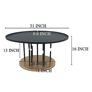 Neci 32 Inch Coffee Table, Round Matte Black Tray Top, Modern Rod Supports With Brass Base