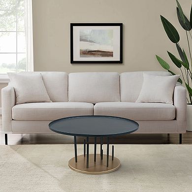 Neci 32 Inch Coffee Table, Round Matte Black Tray Top, Modern Rod Supports With Brass Base