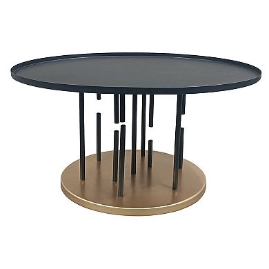 Neci 32 Inch Coffee Table, Round Matte Black Tray Top, Modern Rod Supports With Brass Base