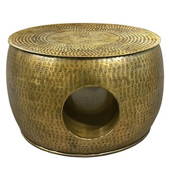 Nala 23 Inch Coffee Table, Low Round Drum Shape With Unique Hollow Center, Antique Brass Aluminum