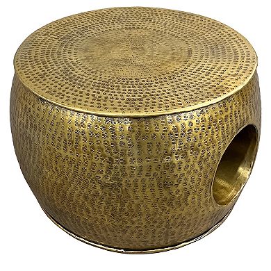 Nala 23 Inch Coffee Table, Low Round Drum Shape With Unique Hollow Center, Antique Brass Aluminum