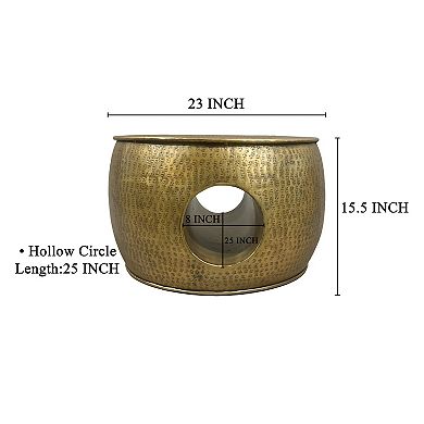 Nala 23 Inch Coffee Table, Low Round Drum Shape With Unique Hollow Center, Antique Brass Aluminum