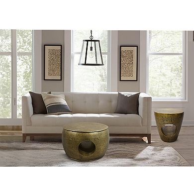 Nala 23 Inch Coffee Table, Low Round Drum Shape With Unique Hollow Center, Antique Brass Aluminum
