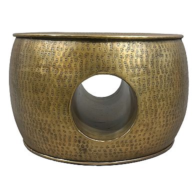 Nala 23 Inch Coffee Table, Low Round Drum Shape With Unique Hollow Center, Antique Brass Aluminum