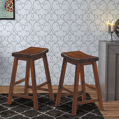 Wooden 24" Counter Height Stool With Saddle Seat, Distressed Cherry, Set Of 2