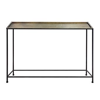Aurelia 48 Inch Console Sofa Table, Artisanal Hammered Antique Bronze Tray Top, Black Iron Frame