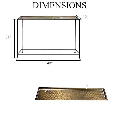 Aurelia 48 Inch Console Sofa Table, Artisanal Hammered Antique Bronze Tray Top, Black Iron Frame