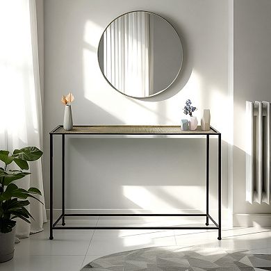 Aurelia 48 Inch Console Sofa Table, Artisanal Hammered Antique Bronze Tray Top, Black Iron Frame