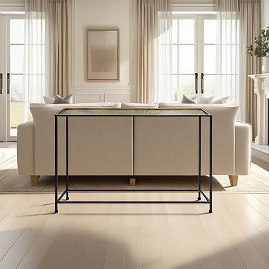 Aurelia 48 Inch Console Sofa Table, Artisanal Hammered Antique Bronze Tray Top, Black Iron Frame