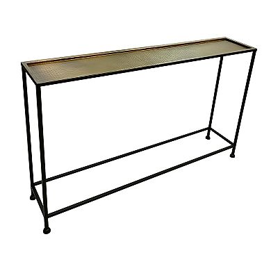Aurelia 48 Inch Console Sofa Table, Artisanal Hammered Antique Bronze Tray Top, Black Iron Frame