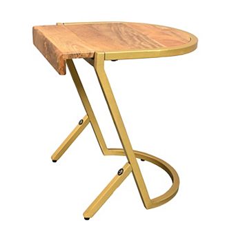 17 Inch Side End C Table, Natural Mango Wood Top With Drop Edge, Iron Gold Angled Frame