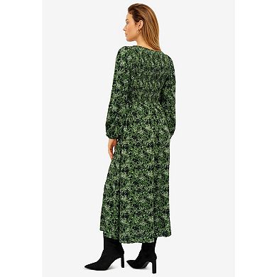 ellos Plus Size Smocked Bodice Tiered Midi Dress