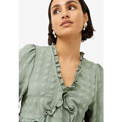 Ellos Plus Size Ruffle Trim V-Neck Babydoll Blouse