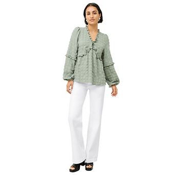 Ellos Women's Plus Size Ruffle Trim V-neck Babydoll Blouse