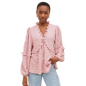 Ellos Women's Plus Size Ruffle Trim V-neck Babydoll Blouse