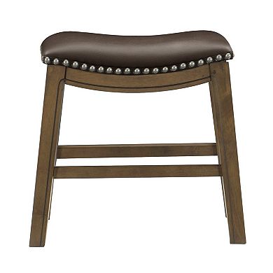 Miel 20 Inch Dining Stool, Brown Faux Leather, Brown Solid Wood, Nailheads