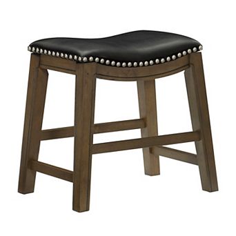 Miel 20 Inch Dining Stool, Black Faux Leather And Brown Solid Wood