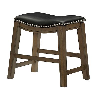 Miel 20 Inch Dining Stool, Black Faux Leather And Brown Solid Wood
