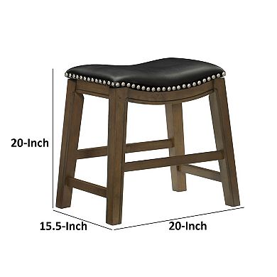 Miel 20 Inch Dining Stool, Black Faux Leather And Brown Solid Wood